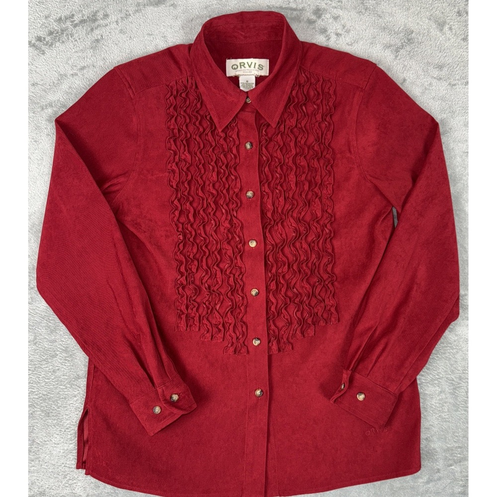 Orvis Tuxedo Ruffle Blouse Sz 6 Sueded Polyester Button Up Rodeo Red - Picture 1 of 10